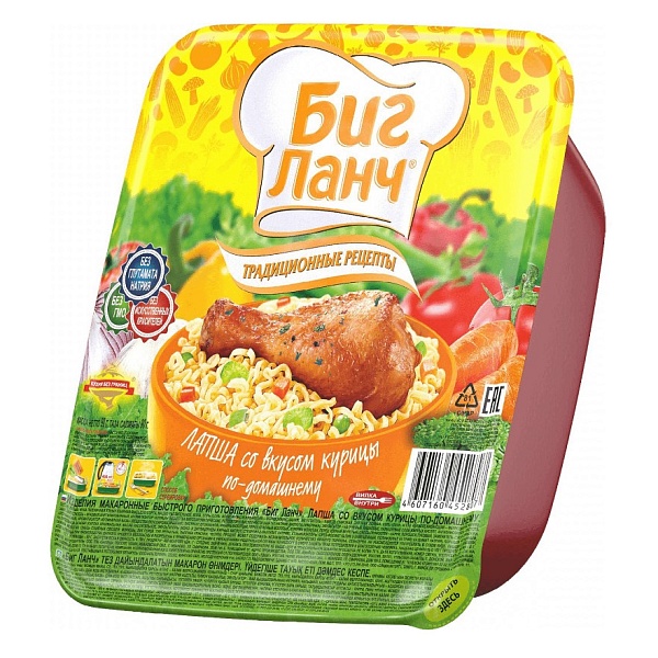 Лапша б/п БИГ ЛАНЧ 90 гр. Со вкусом курицы по-домашнему Лоток