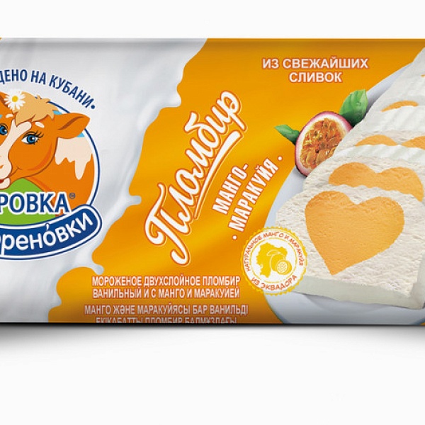 Мороженое КОРОВКА ИЗ КОРЕНОВКИ 400 гр. Пломбир двухслойный Ваниль с манго и маракуйей Полено