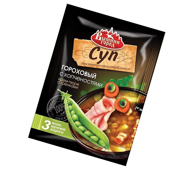 Бп суп гороховый с копченностями крем-пюре с гренками 20 г / вышний город